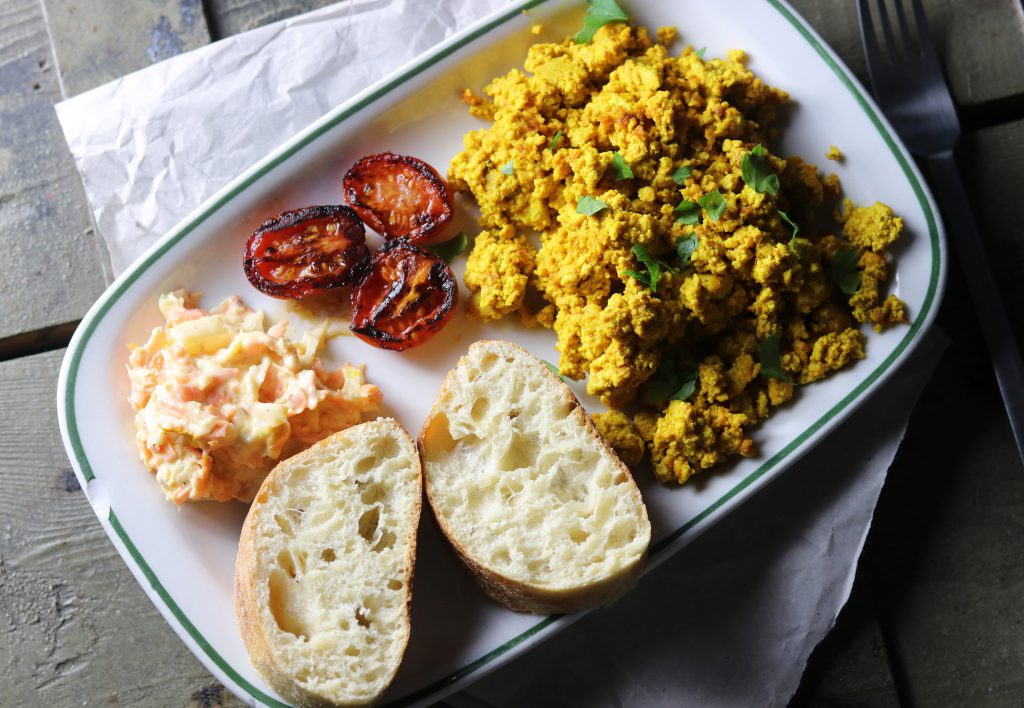 Scrambled Tofu – with grilled tomatoes, vegan farmer’s salad and bread