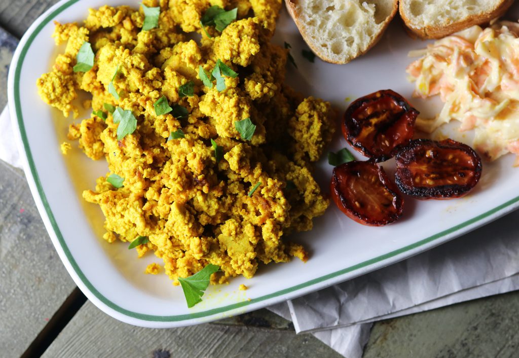 Scrambled eggs made from tofu is delicious with fresh herbs