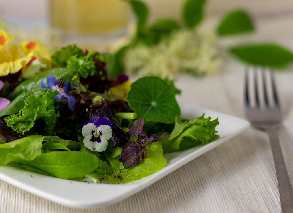 Selbstgezogener Salat und essbare Blüten und dazu selbstgemachter Holunderblütenessig