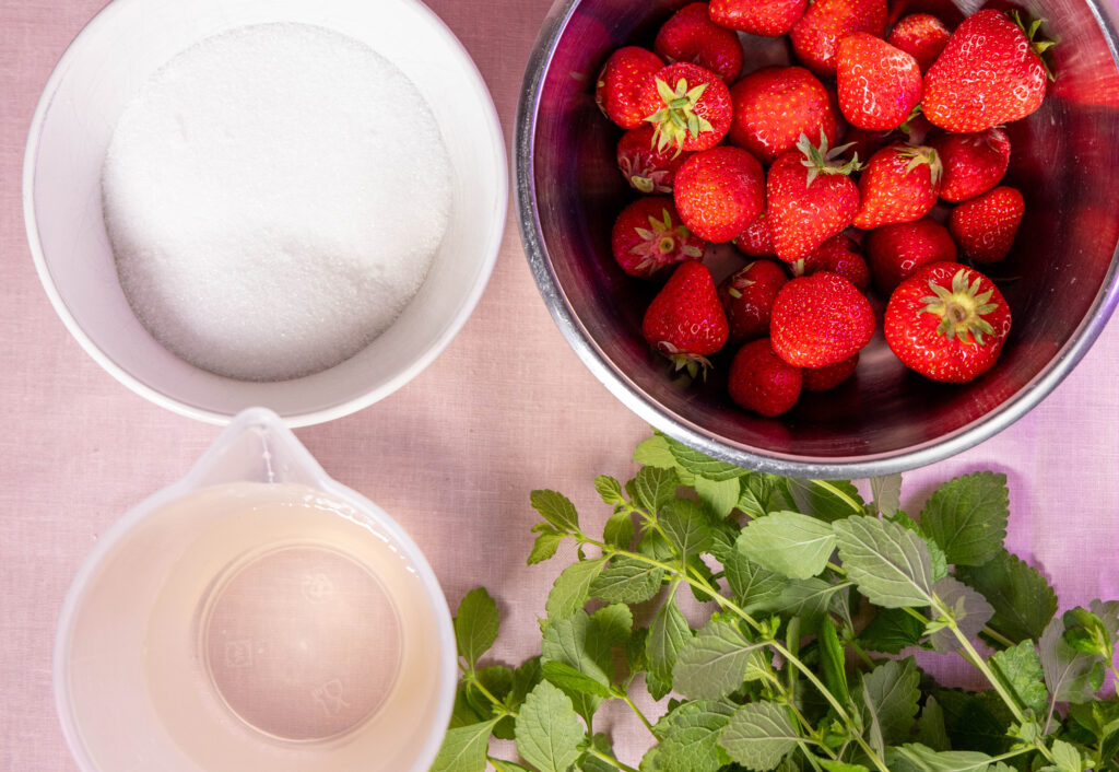 1. Alle 4 Zutaten für das Erdbeer-Zitronenmelisse-Sorbet