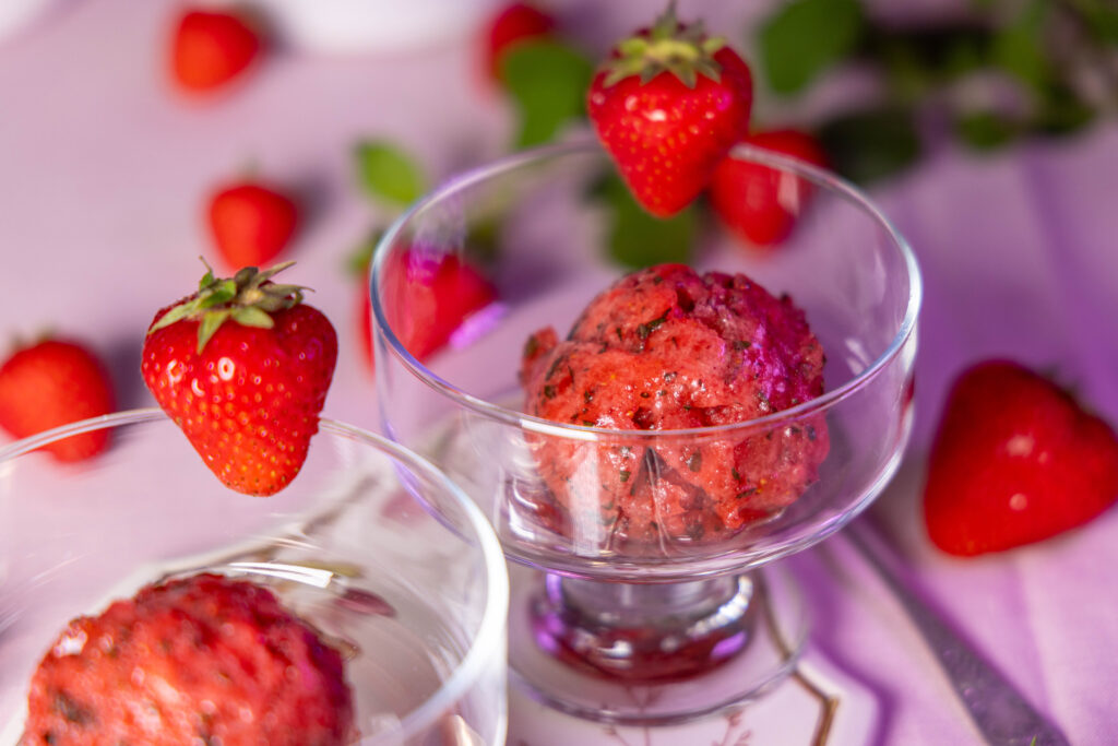 Es macht viel mehr Spaß selbstgemachtes Eis zu schlecken! Zum Beispiel mein Erdbeer-Zitronenmelisse-Sorbet