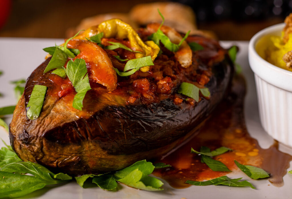 Karniyarik – stuffed eggplants Turkish style. With home-pickled salt lemons.