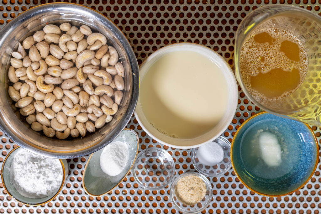 1. All ingredients for the homemade, vegan cashew-based mozzarella.