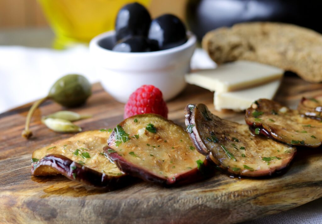 A mezze platter brings everyone together at the table. Pickled eggplant goes perfectly with it.