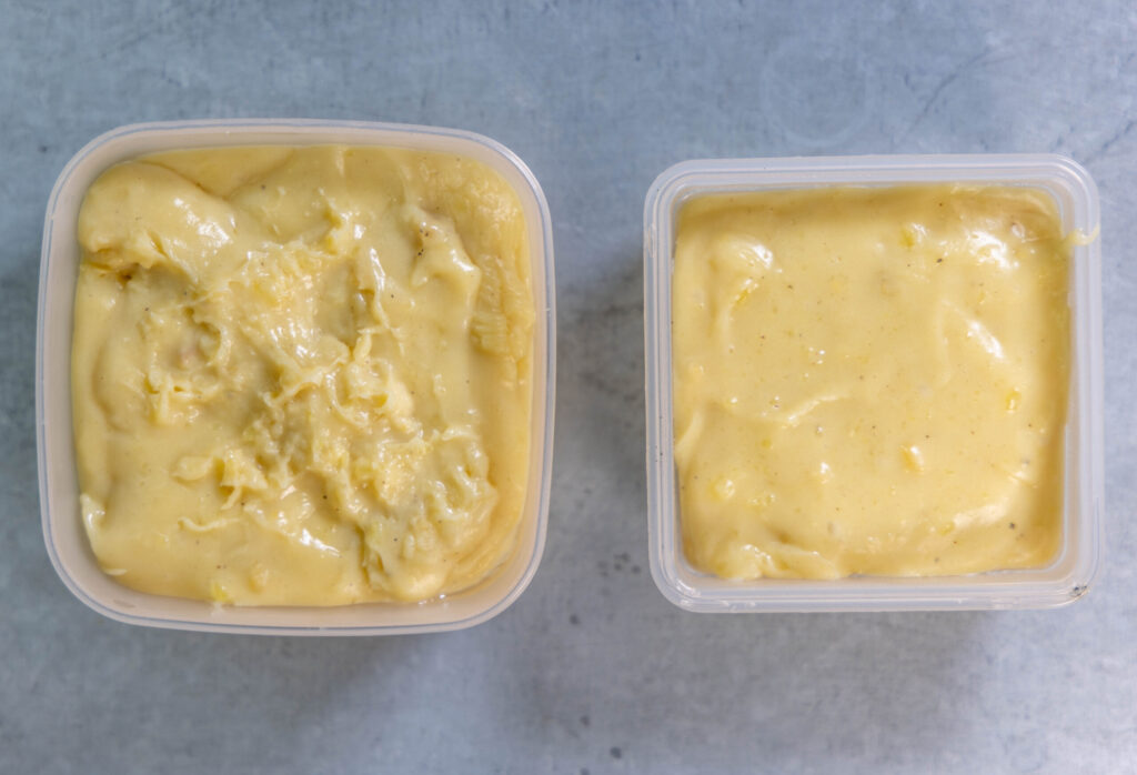 7. Pour the hot, liquid potato cheese mixture into the oiled plasticcontainers and let cool for 4-5 hours.