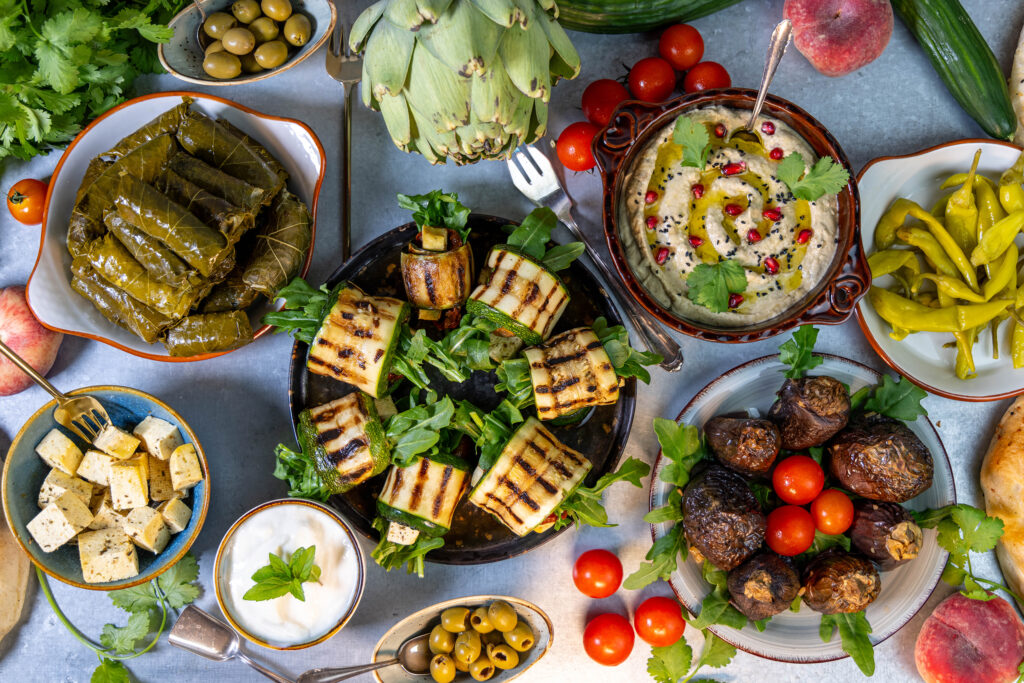 Veta goes very well on a mezze buffet. Here with vine leaf dolma, eggplant dolma, grilled zucchini rolls, baba ganoush, yoghurt dip, fruit, vegetables and flatbread.