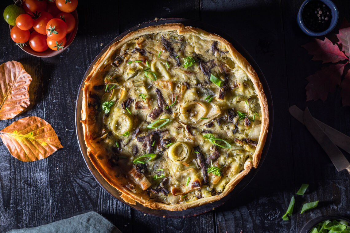 Lauch-Pilz-Quiche mit Violetten Rötelritterlingen - vegan