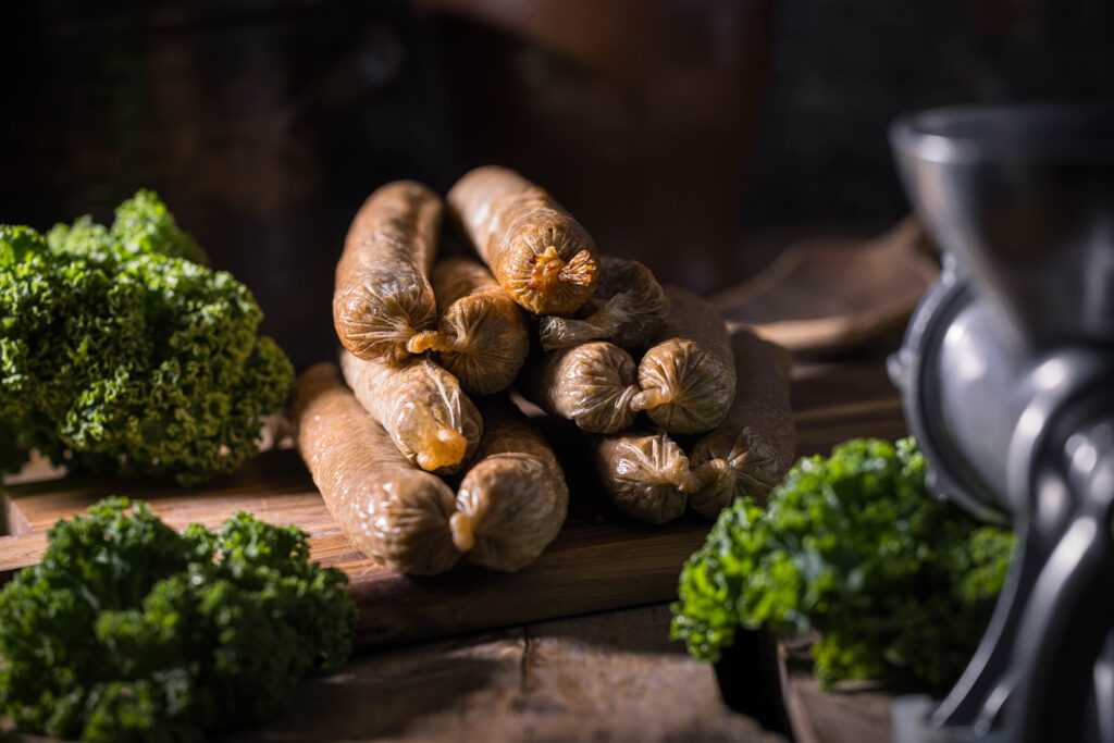 Veganen Pinkel mit frischem Grünkohl auf einem Holzbrett hinter einem Fleischwolf