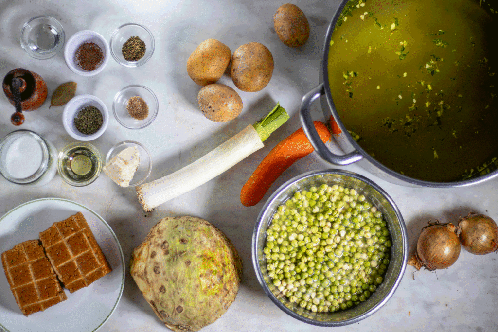 Chopping vegetables for the vegan pea soup, plus all other ingredients.