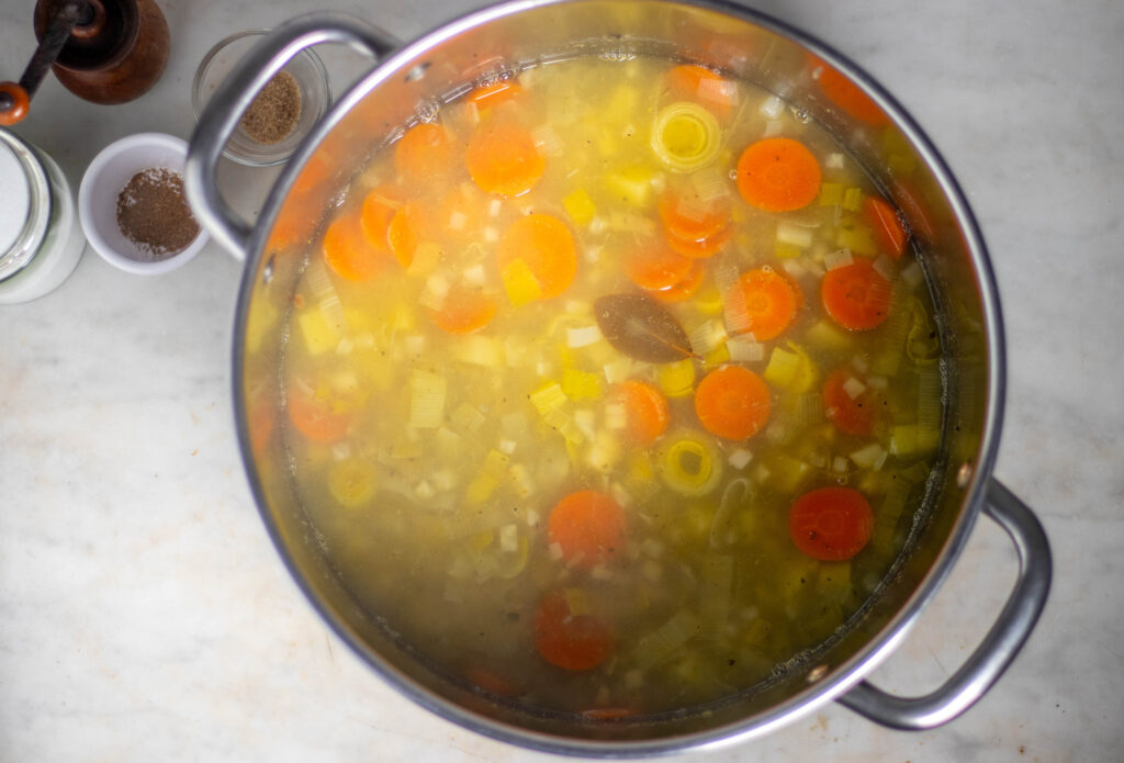 Simmering stew in a pot.